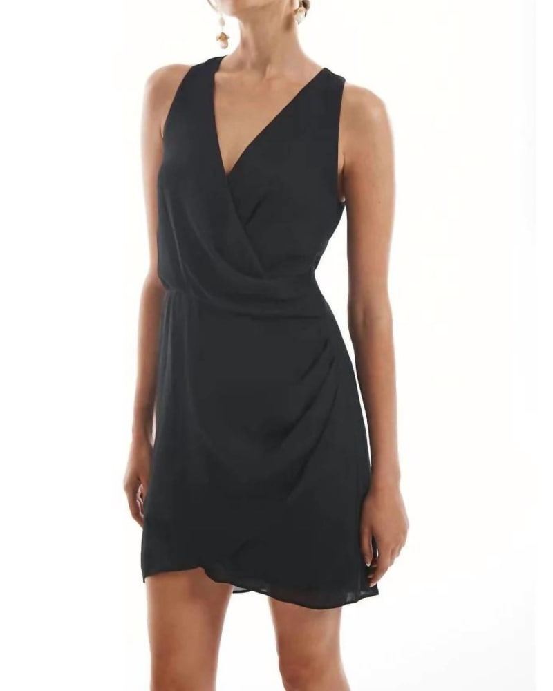 Front of a model wearing a size Large Krisa Draped Surplice Wrap Dress In Black in Black by krisa. | dia_product_style_image_id:344677